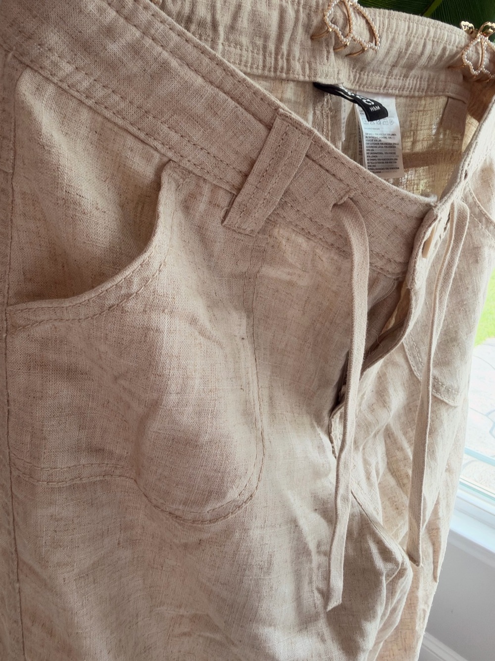 Divided Beige Drawstring Linen-Blend Chinos - Picture 5 of 6